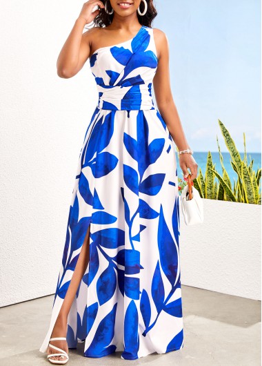 ROTITA Asymmetry Leaf Print Blue One Shoulder Maxi Dress