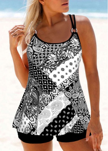 Patchwork Circular Ring Black Tankini Top