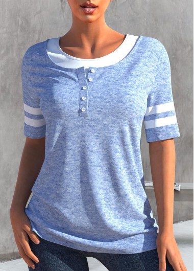 Light Blue Button Round Neck T Shirt