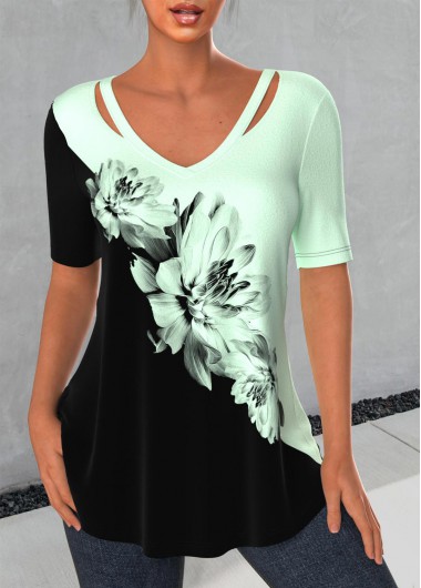 Light Green V Neck Floral Print T Shirt