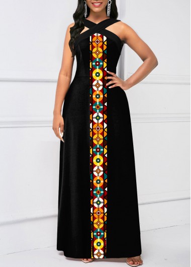 Tribal Print Criss Cross Black Sleeveless Maxi Dress
