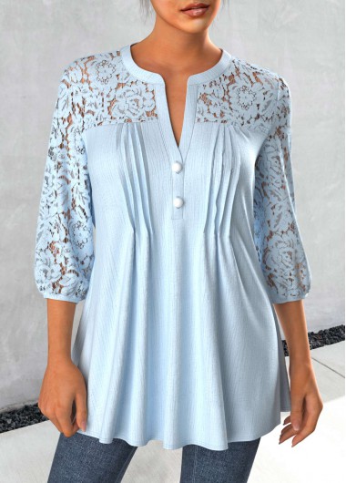 Split Neck Tuck Stitch Light Blue Blouse