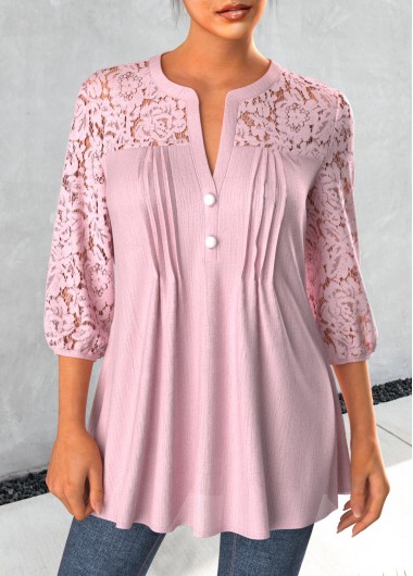 Split Neck Tuck Stitch Light Pink Blouse