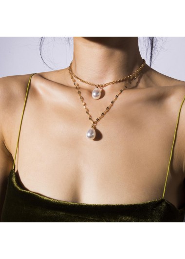 Gold Pearl Layered Metal Detail Necklace