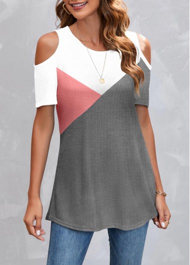 Pink Round Neck Cold Shoulder Patchwork T Shirt
