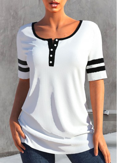 ROTITA Patchwork White Round Neck Short Sleeve T Shirt