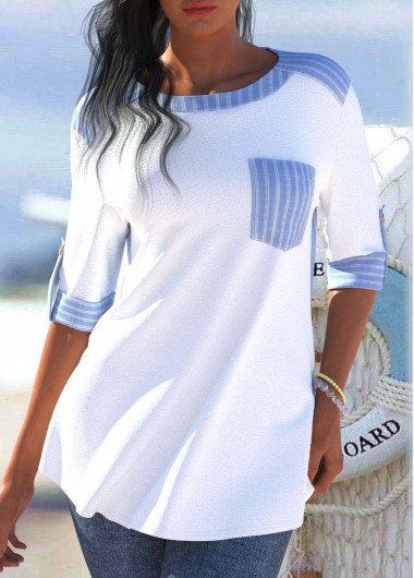 Striped Pocket Light Blue Round Neck Blouse