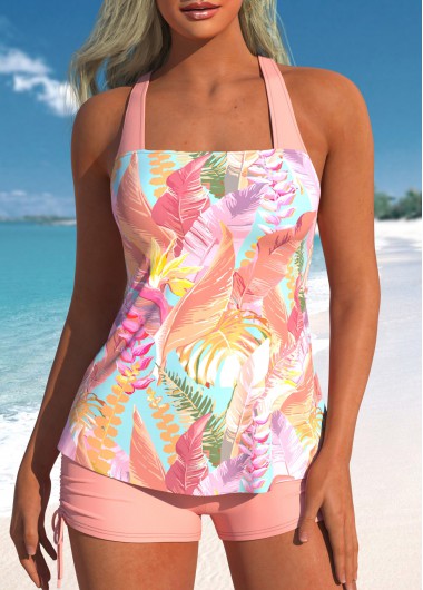 Leaf Print Criss Cross Pink Tankini Top