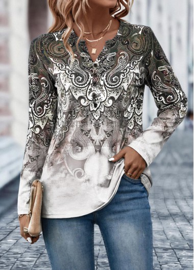 Tribal Print Button Light Coffee T Shirt