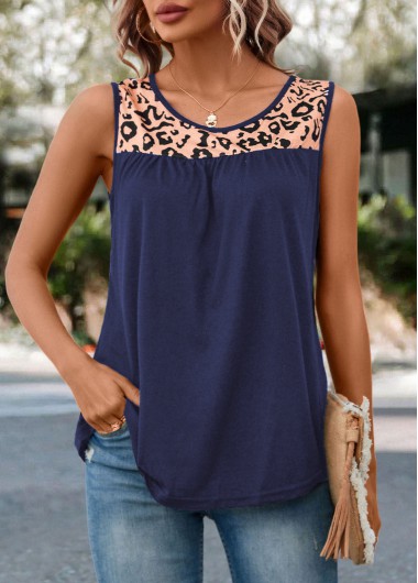 Leopard Patchwork Navy Round Neck Tank Top