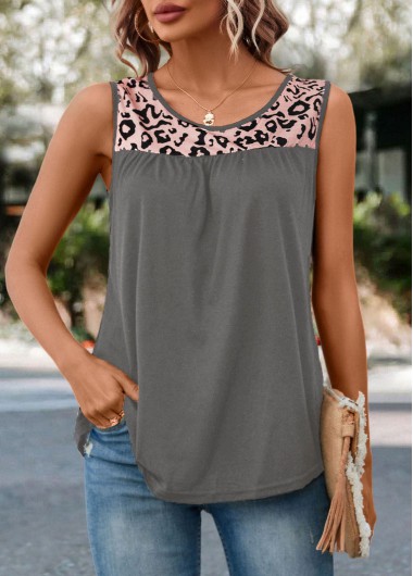 Leopard Patchwork Grey Round Neck Tank Top