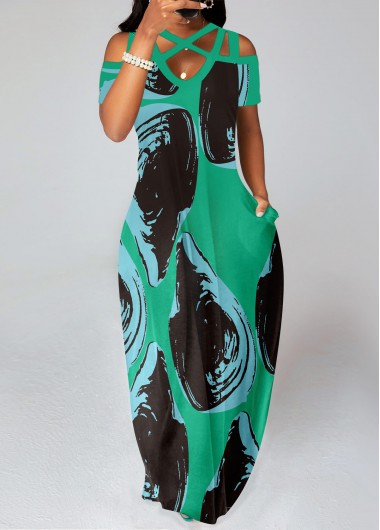 ROTITA Criss Cross Graffiti Print Green Maxi Dress