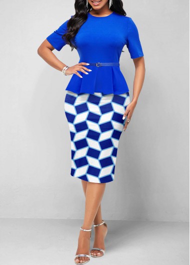 Geometric Print Fake 2in1 Belted Royal Blue Dress