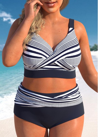 Navy Plus Size Striped Criss Cross Bikini Top