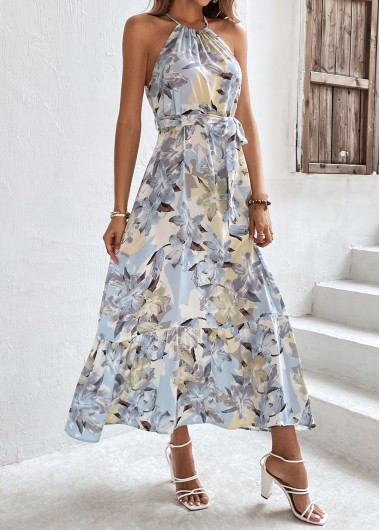 Floral Print Bowknot Belted Light Blue Dress