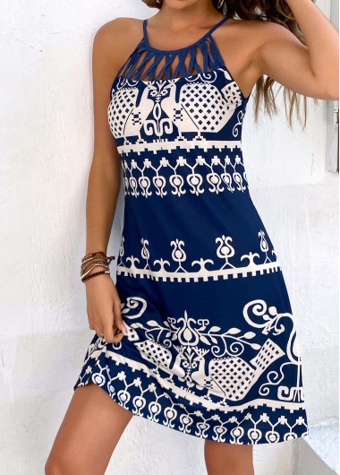 Tribal Print Criss Cross Navy Short Dress