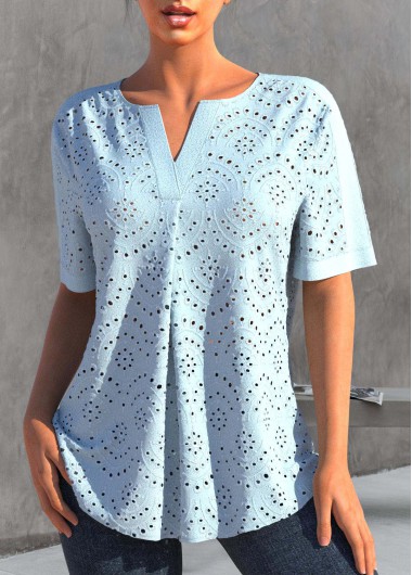ROTITA Split Light Blue Short Sleeve Blouse