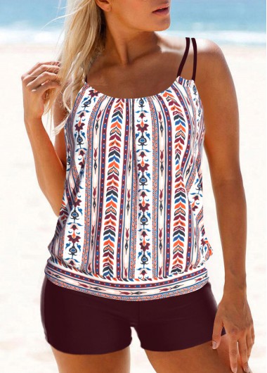 Tribal Print Dark Reddish Purple Blouson Tankini Top