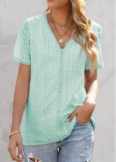 Embroidery V Neck Mint Green Short Sleeve Blouse