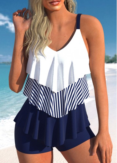 Contrast Handkerchief Hem Navy Tankini Top