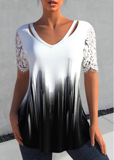 Ombre Patchwork White V Neck T Shirt