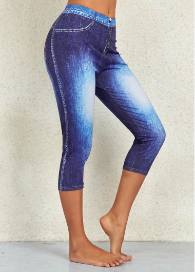 Flag Print Denim Blue Mid Waisted Leggings