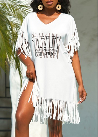 Letter Print Tassel White Cover Up
