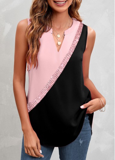 Patchwork Split Neck Pink Tank Top