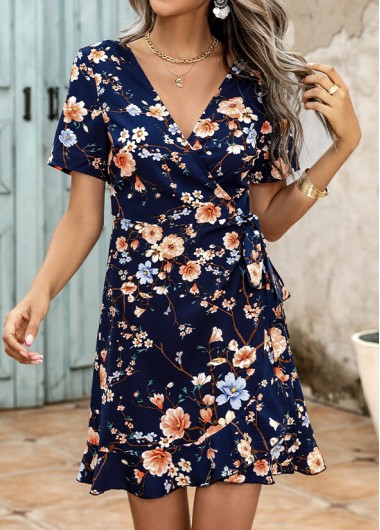 Floral Print Surplice Navy V Neck Dress