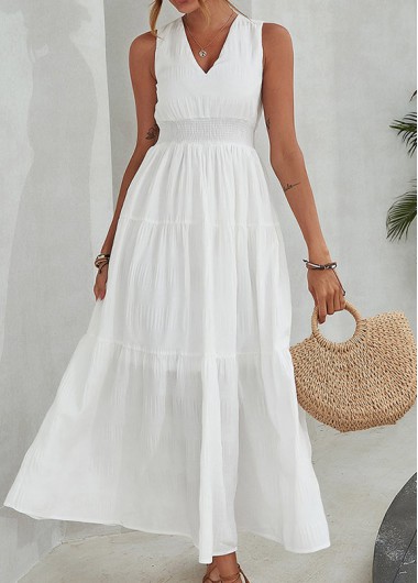 Smocked White V Neck Sleeveless Dress