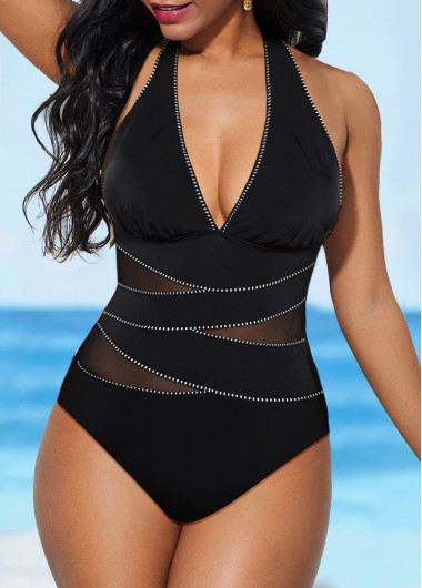 Mesh Halter Black One Piece Swimwear