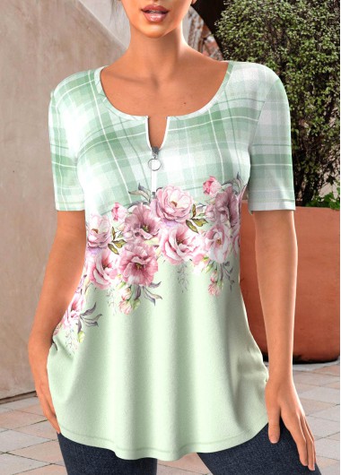 Floral Print Zipper Light Green T Shirt