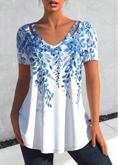 Leaf Print Cut Out Light Blue T Shirt