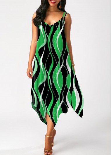 Striped Sleeveless Handkerchief Hem Green Dress