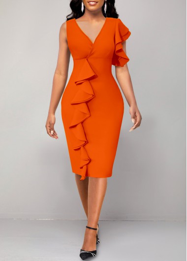 Ruffle V Neck Orange Short Sleeve Bodycon Dress