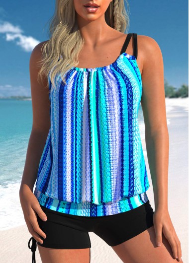 Striped Ruched Neon Blue Tankini Top