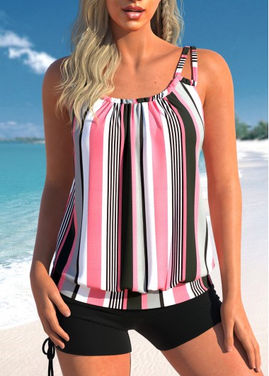 Striped Ruched Light Pink Tankini Top