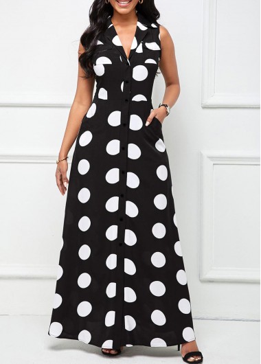 Polka Dot Button Black Lapel Sleeveless Maxi Dress