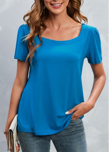 Square Neck Short Sleeve Blue T Shirt