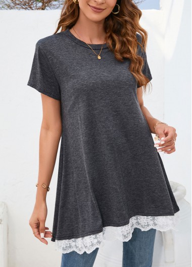 Round Neck Lace Dark Grey T Shirt