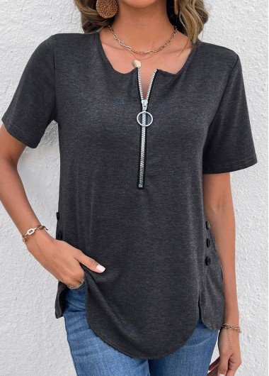 Round Neck Zipper Dark Grey T Shirt