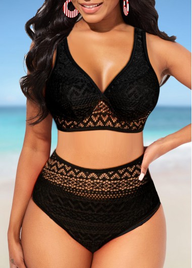 ROTITA Lace Stitching Wide Strap Black Bikini Top