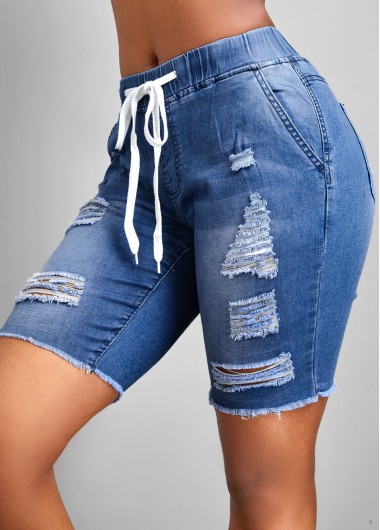 Hole Blue Skinny Elastic Waist Mid Waisted Denim Shorts