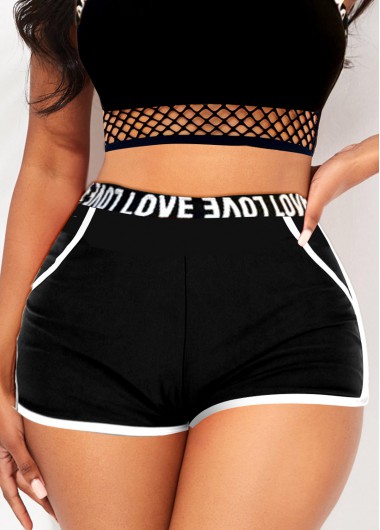High Waisted Black Letter Print Swim Shorts