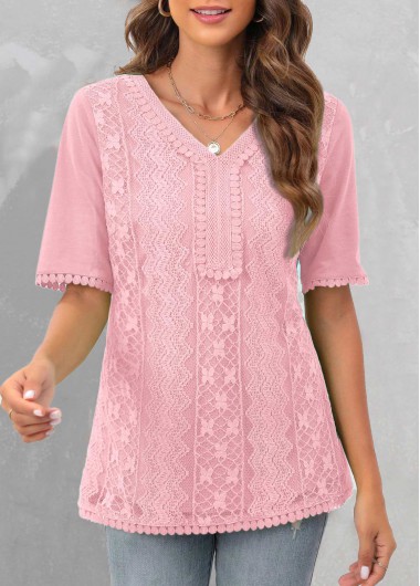 Pink Lace V Neck Short Sleeve Blouse