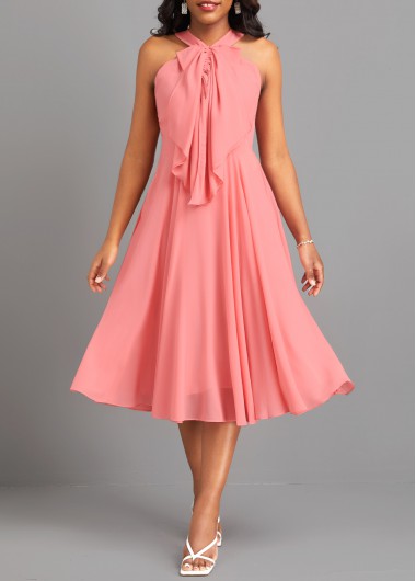 V Neck Bowknot Dusty Pink Sleeveless Dress