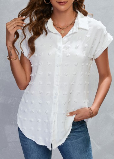 Shirt Collar Button White Short Sleeve Blouse
