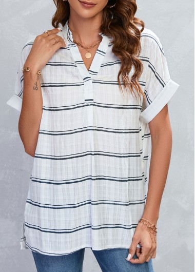Striped Split White Short Sleeve Blouse
