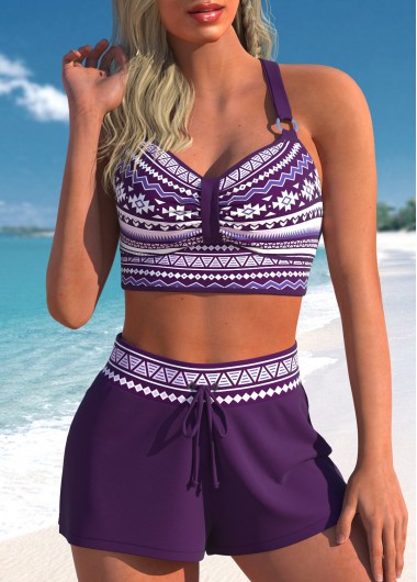ROTITA Metal Ring Purple Tribal Print Bikini Top
