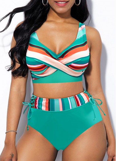 Striped Criss Cross Mint Green Bikini Top